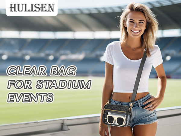 HULISEN Quilted Clear Bag for Stadium Events - with Extra Front Pocket & Adjustable Strap & Gold Zipper