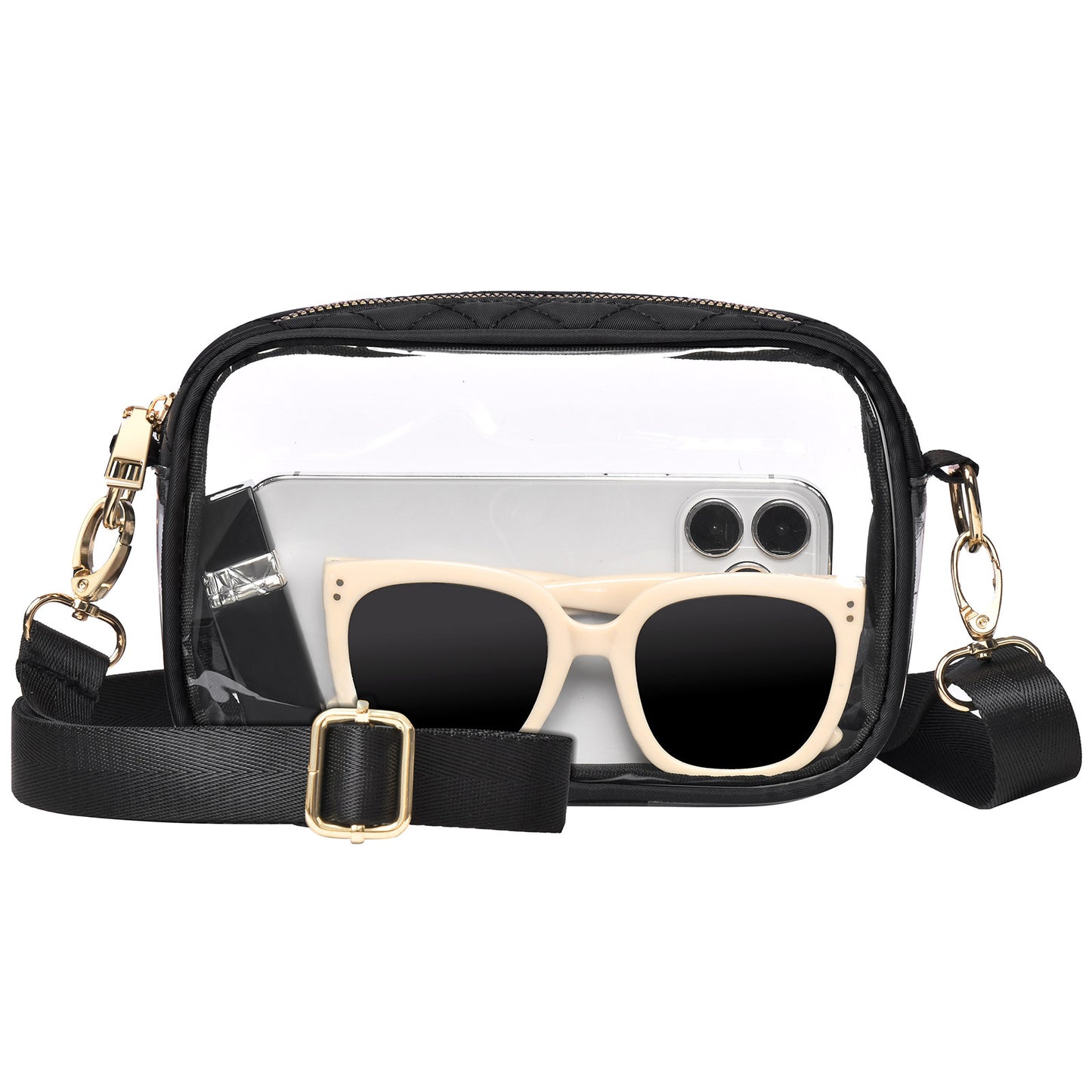 HULISEN Quilted Clear Bag for Stadium Events - with Adjustable Strap & Gold Zipper