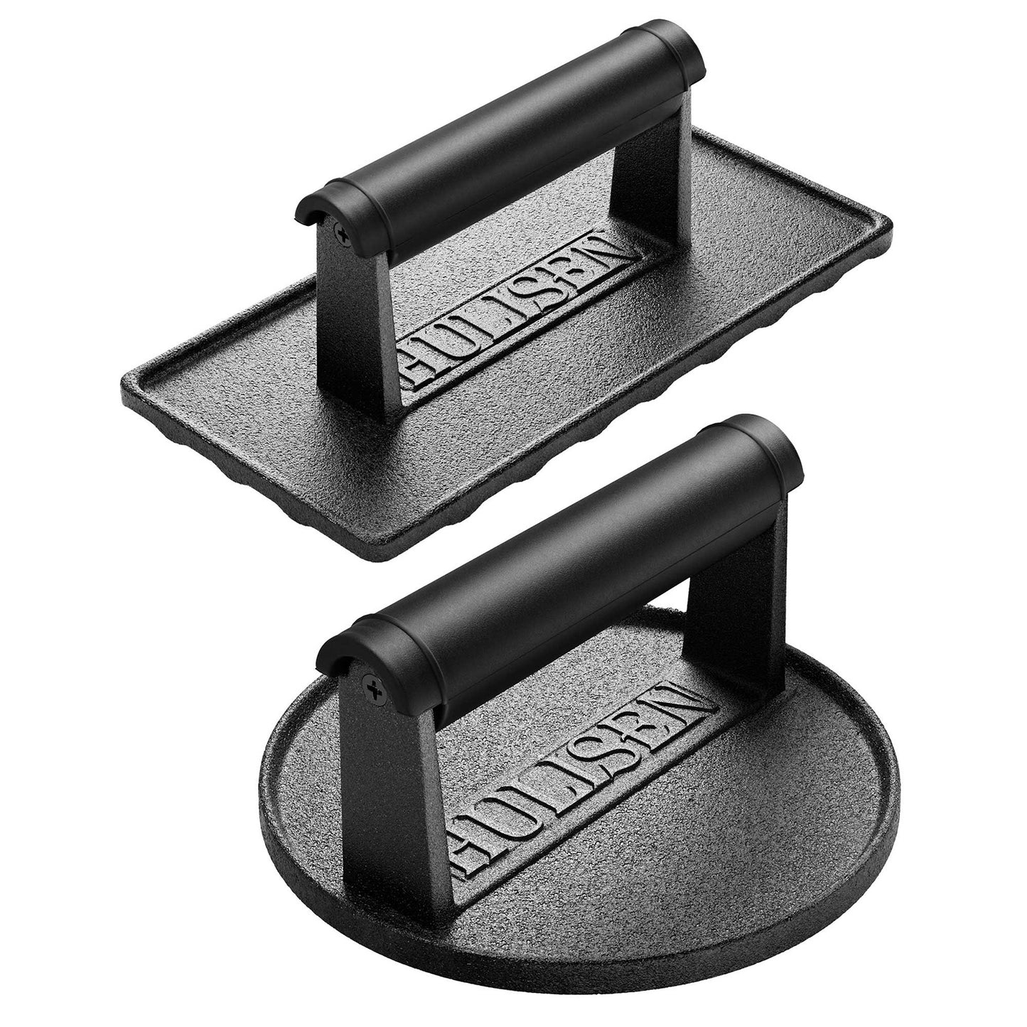 HULISEN 6-Inch / 8.8-Inch Pre-Seasoned Cast Iron Burger Press - Heavy Duty Grill Press with Heat Resistant Handle