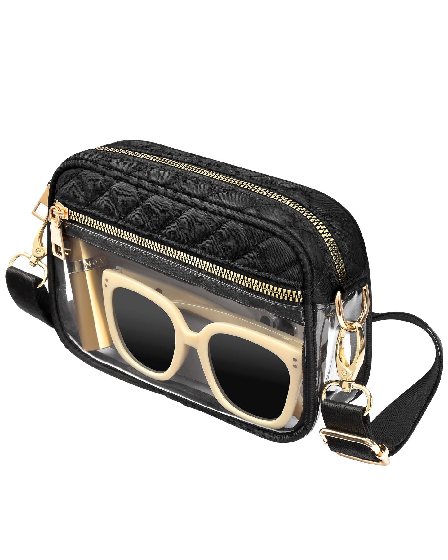HULISEN Quilted Clear Bag for Stadium Events - with Extra Front Pocket & Adjustable Strap & Gold Zipper