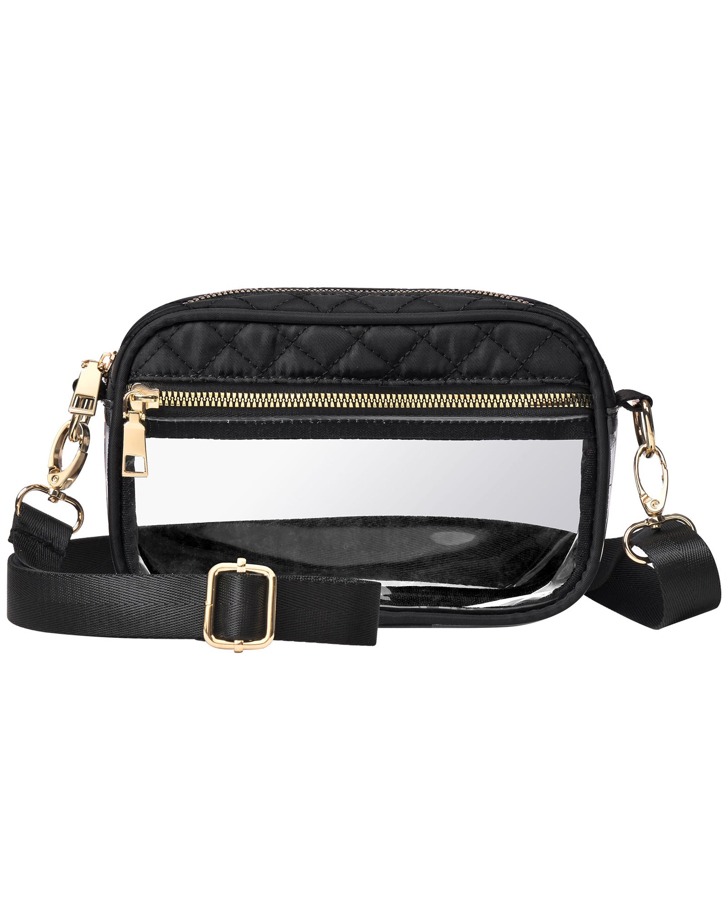HULISEN Quilted Clear Bag for Stadium Events - with Extra Front Pocket & Adjustable Strap & Gold Zipper