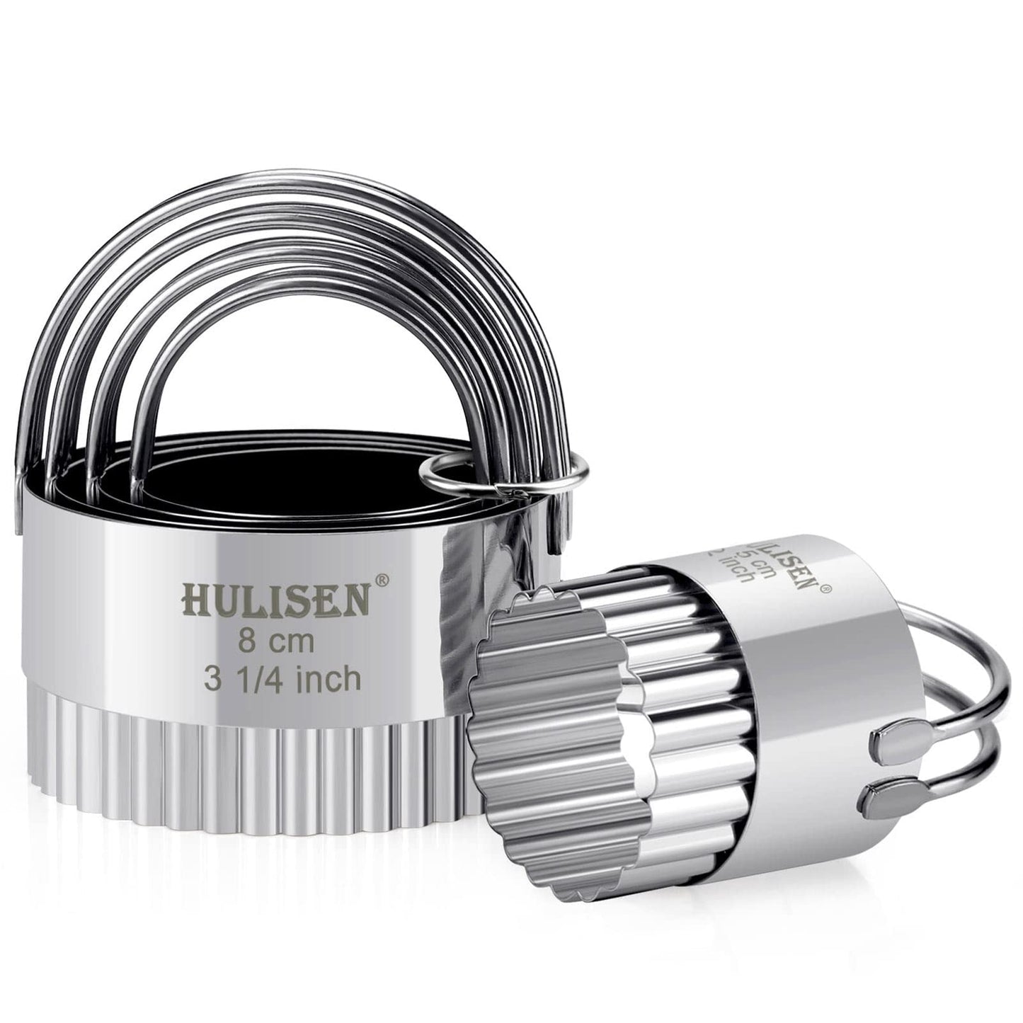HULISEN Fluted Round Cookie Cutter Set - 5 Pieces, Stainless Steel Biscuit Cutters with Handle