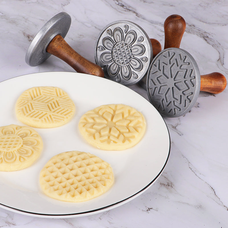 HULISEN Cookie Stamps Set of 4 - Metal Cookie Press Mold with Wooden Handle