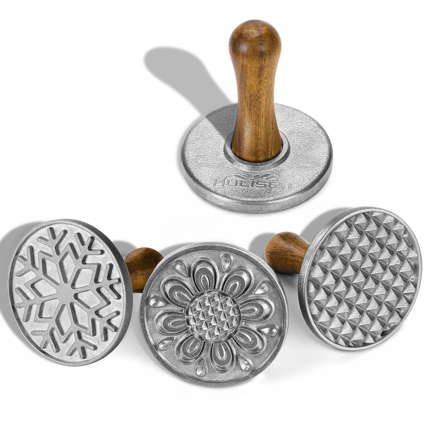 HULISEN Cookie Stamps Set of 4 - Metal Cookie Press Mold with Wooden Handle