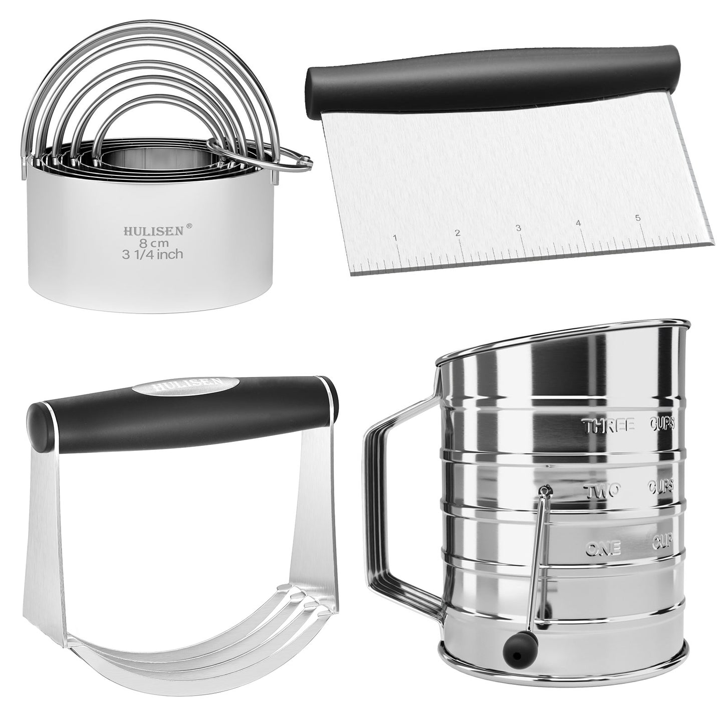 HULISEN Stainless Steel Baking Tool Set - Pastry Scraper & Dough Blender & 3 Cup Flour Sifter & 5-Piece Biscuit Cutter