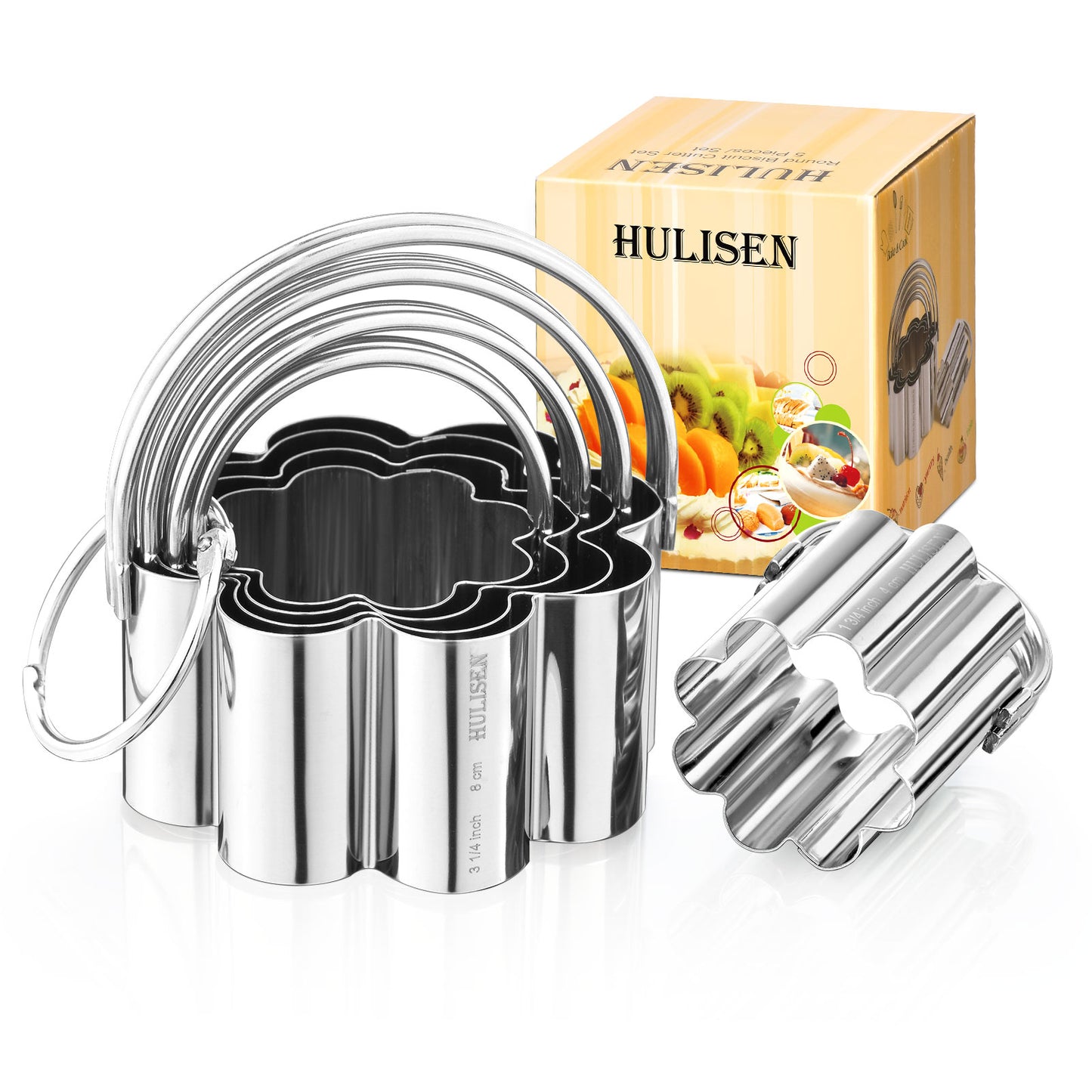 HULISEN Flower Cookie Cutter Set - 5 Pieces, Stainless Steel Biscuit Cutters with Handle