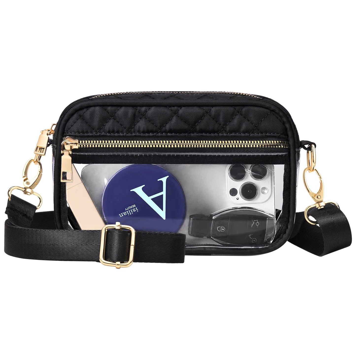 HULISEN Quilted Clear Bag for Stadium Events - with Extra Front Pocket & Adjustable Strap & Gold Zipper