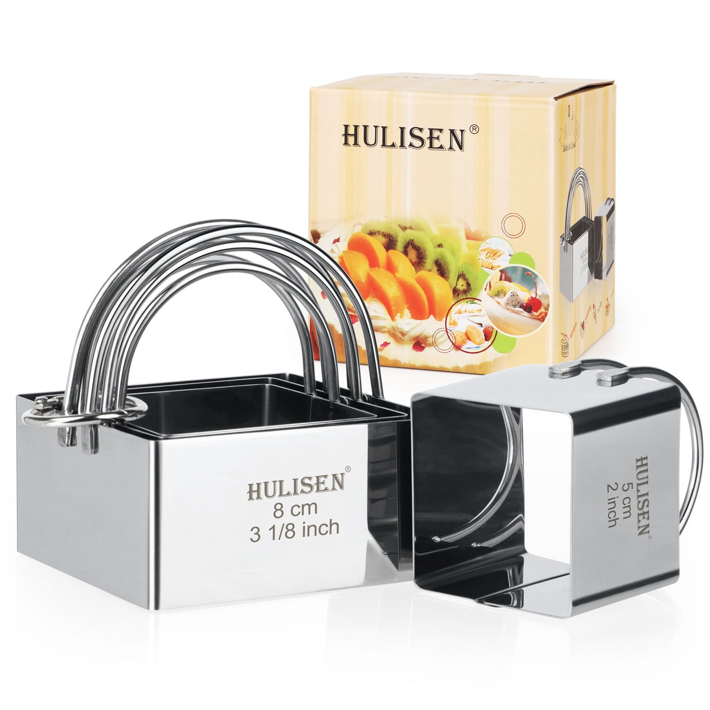 HULISEN Square Cookie Cutter Set - 4 Pieces, Stainless Steel Biscuit Cutters with Handle