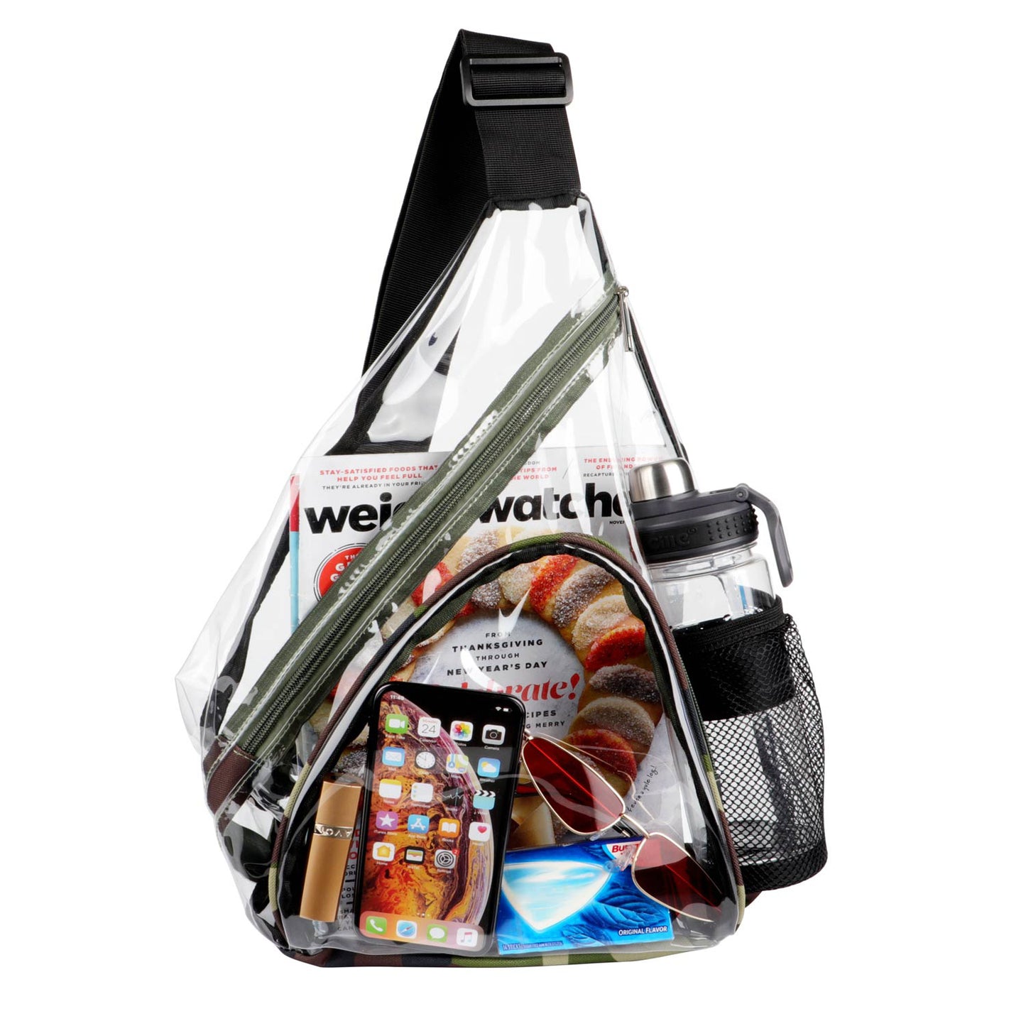HULISEN Clear Sling Bag - with Extra Front Pocket & Water Bottle Holder