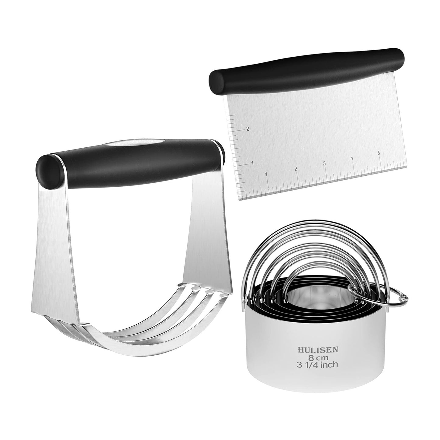HULISEN Stainless Steel Baking Tool Set - Pastry Scraper & Dough Blender & 5-Piece Biscuit Cutter