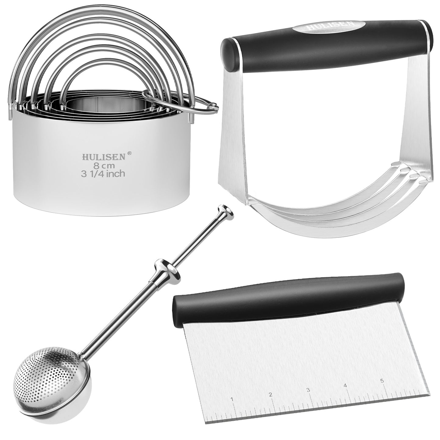 HULISEN Stainless Steel Baking Tool Set - Pastry Scraper & Dough Blender & Flour Duster & 5-Piece Biscuit Cutter