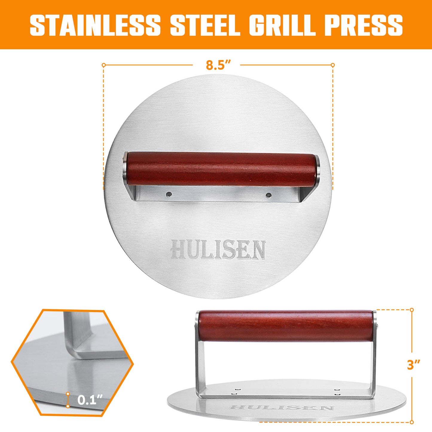 HULISEN 8.5-Inch Burger Press - 2.6 lb Heavy Duty Stainless Steel Bacon & Grill Press with Wood Handle