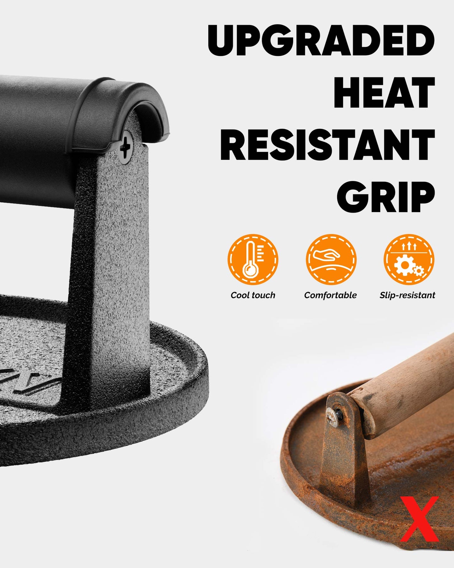 HULISEN 6-Inch / 8.8-Inch Pre-Seasoned Cast Iron Burger Press - Heavy Duty Grill Press with Heat Resistant Handle