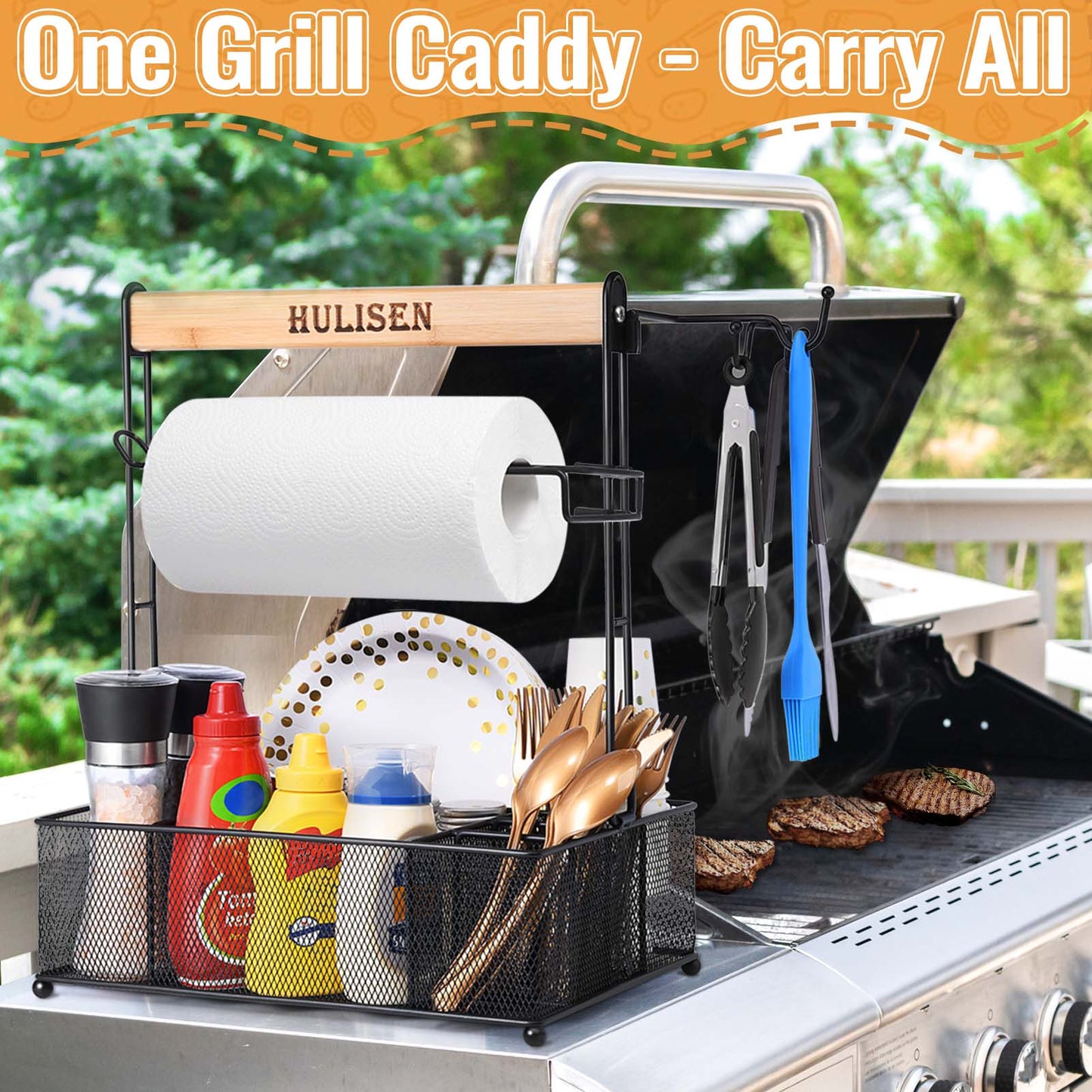 HULISEN Grill Caddy with Paper Towel Holder - BBQ Utensil and Condiment Organizer for Outdoor Cooking and Camping