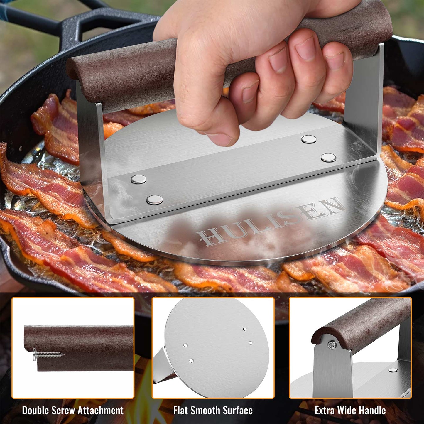 HULISEN 6-Inch Burger Smasher - 1.24 lb Heavy Duty Stainless Steel Hamburger Press with Wood Handle