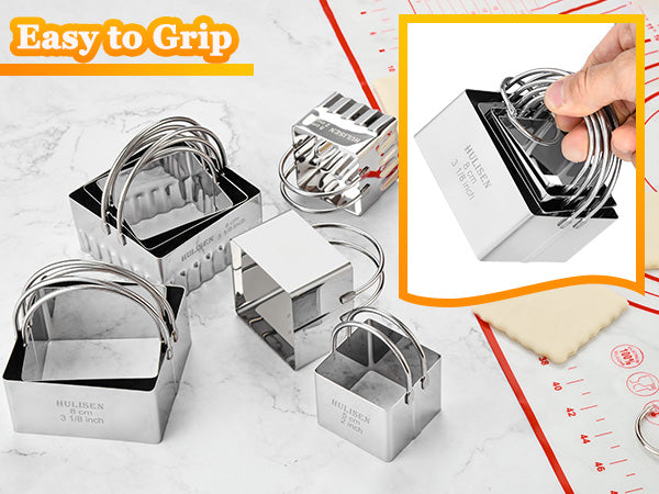 HULISEN Square Cookie Cutter Set - 4 Pieces, Stainless Steel Biscuit Cutters with Handle