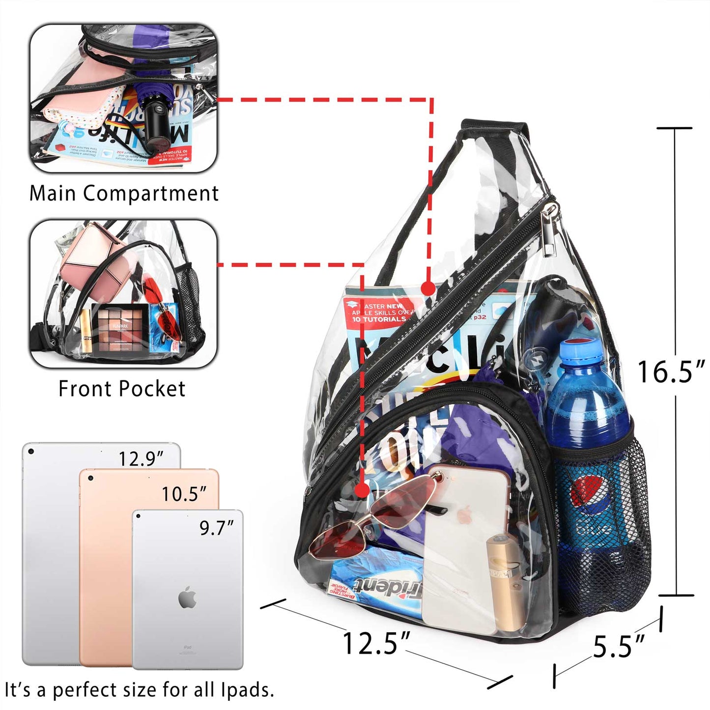 HULISEN Clear Sling Bag - with Extra Front Pocket & Water Bottle Holder