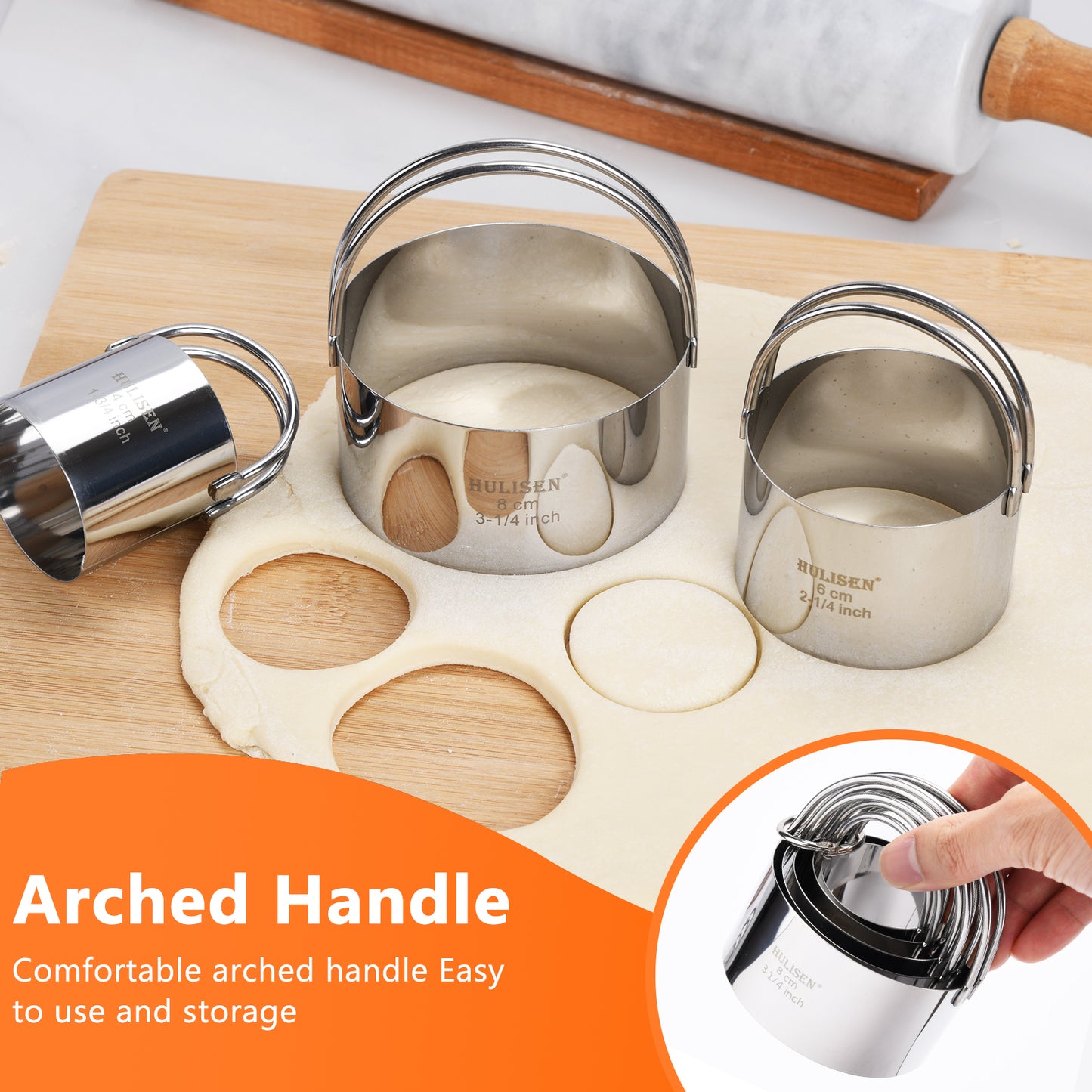 HULISEN Stainless Steel Baking Tool Set - Pastry Scraper & Dough Blender & 5-Piece Biscuit Cutter