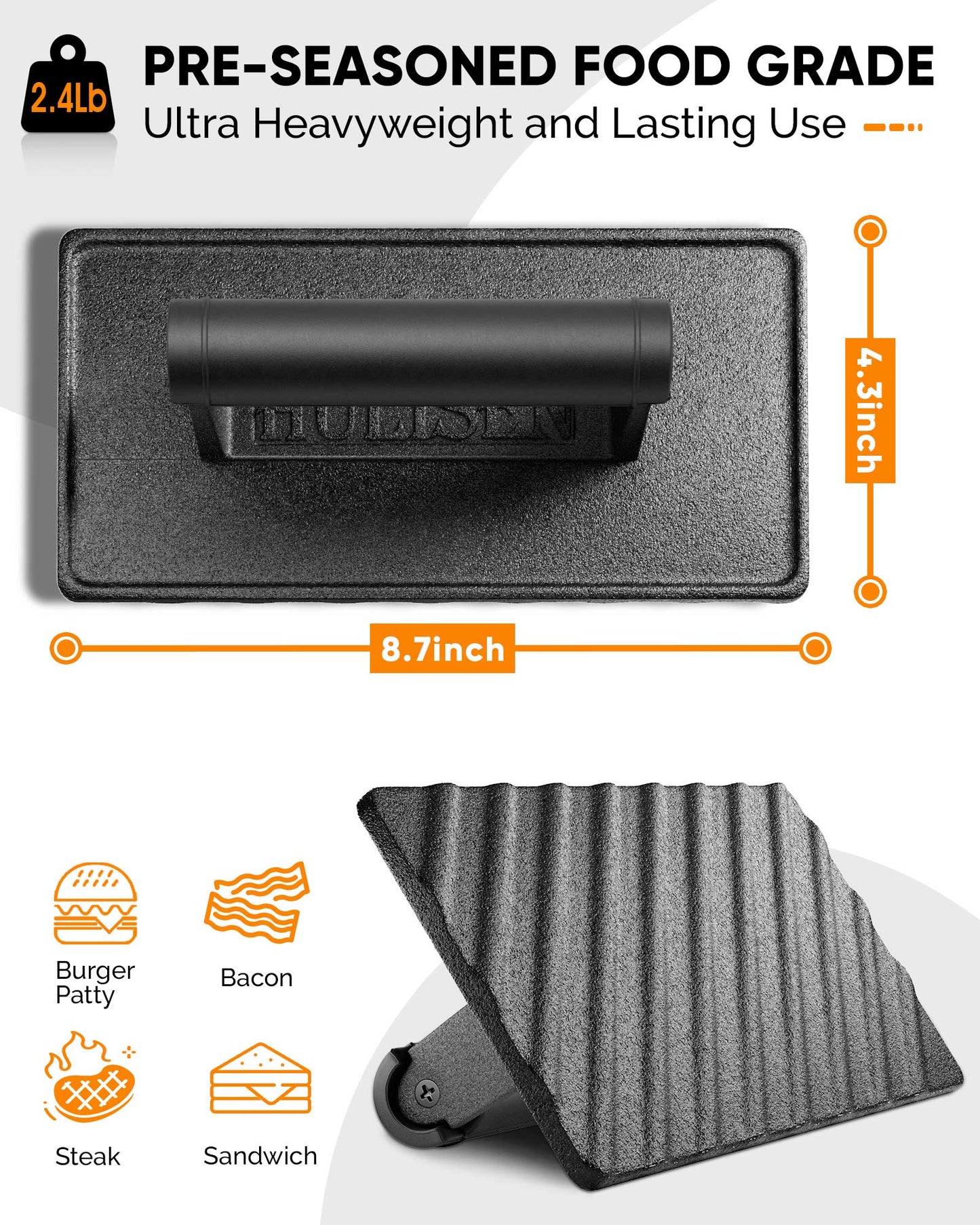 HULISEN 6-Inch / 8.8-Inch Pre-Seasoned Cast Iron Burger Press - Heavy Duty Grill Press with Heat Resistant Handle