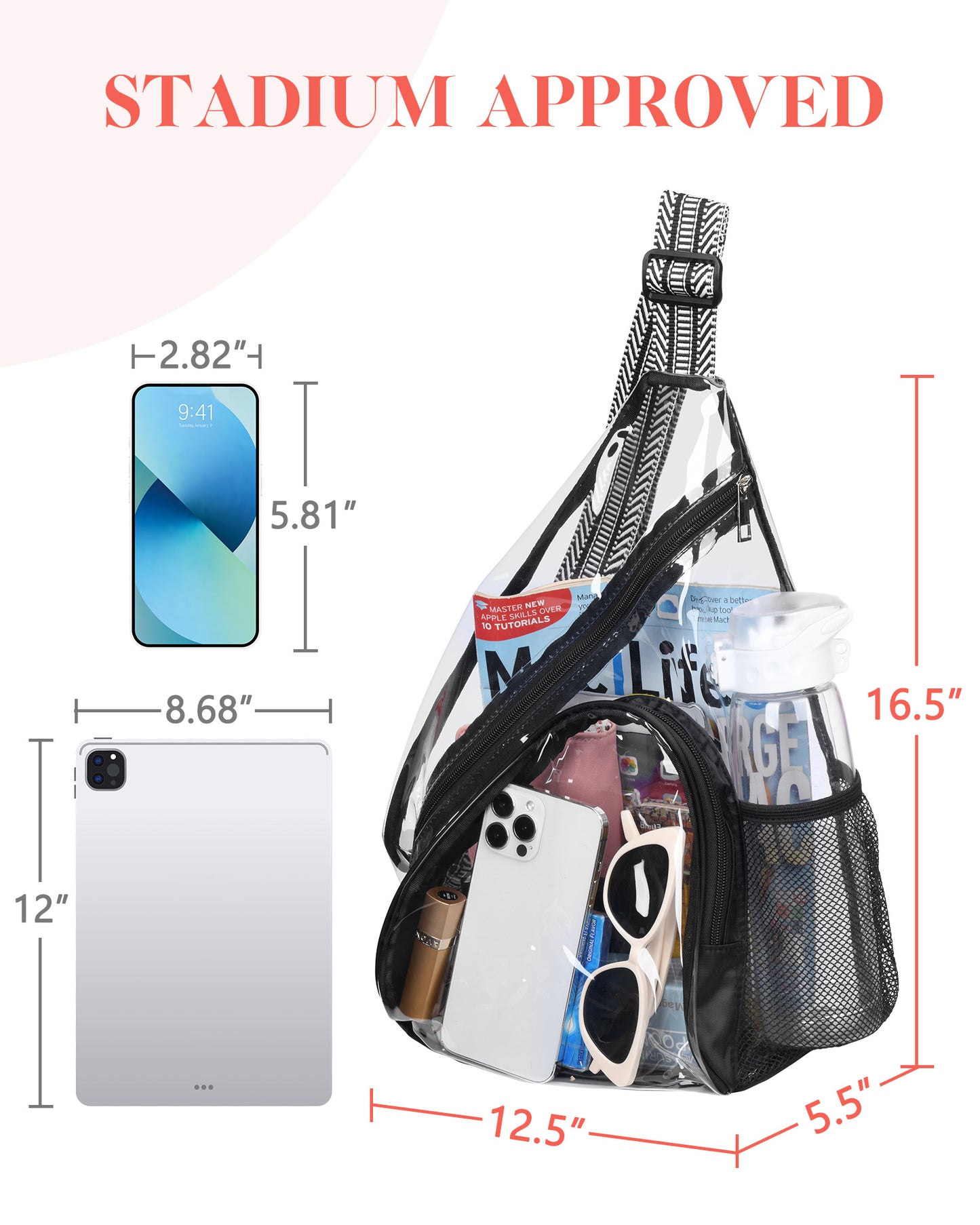 HULISEN Clear Sling Bag - with Extra Front Pocket & Water Bottle Holder