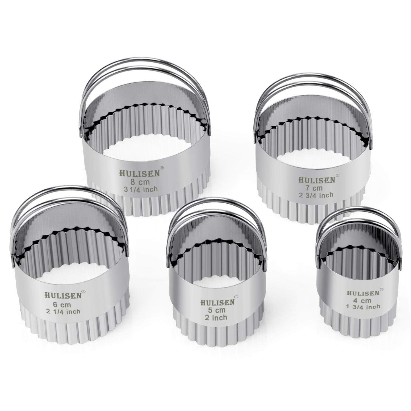 HULISEN Fluted Round Cookie Cutter Set - 5 Pieces, Stainless Steel Biscuit Cutters with Handle