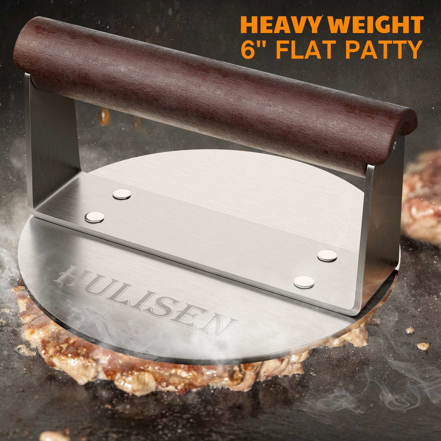 HULISEN 6-Inch Burger Smasher - 1.24 lb Heavy Duty Stainless Steel Hamburger Press with Wood Handle