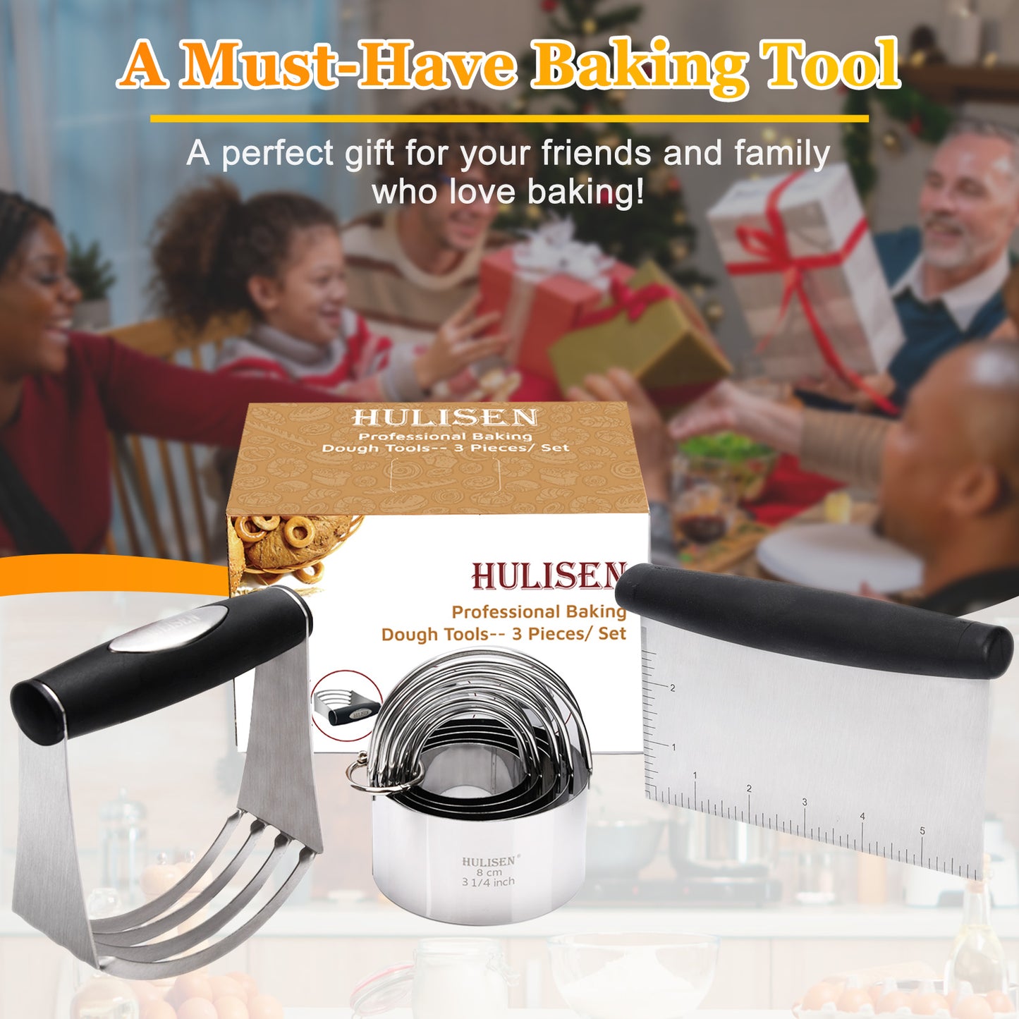 HULISEN Stainless Steel Baking Tool Set - Pastry Scraper & Dough Blender & 5-Piece Biscuit Cutter