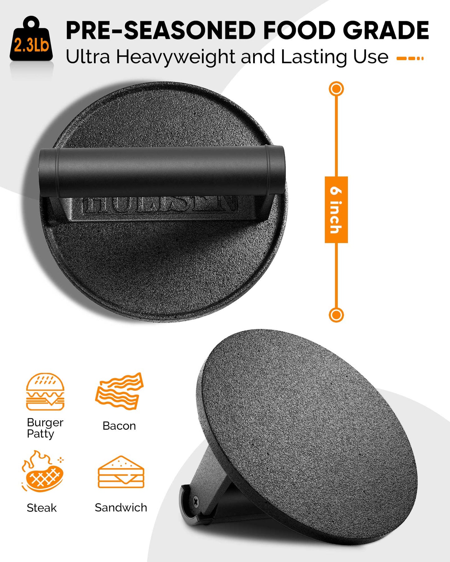 HULISEN 6-Inch / 8.8-Inch Pre-Seasoned Cast Iron Burger Press - Heavy Duty Grill Press with Heat Resistant Handle