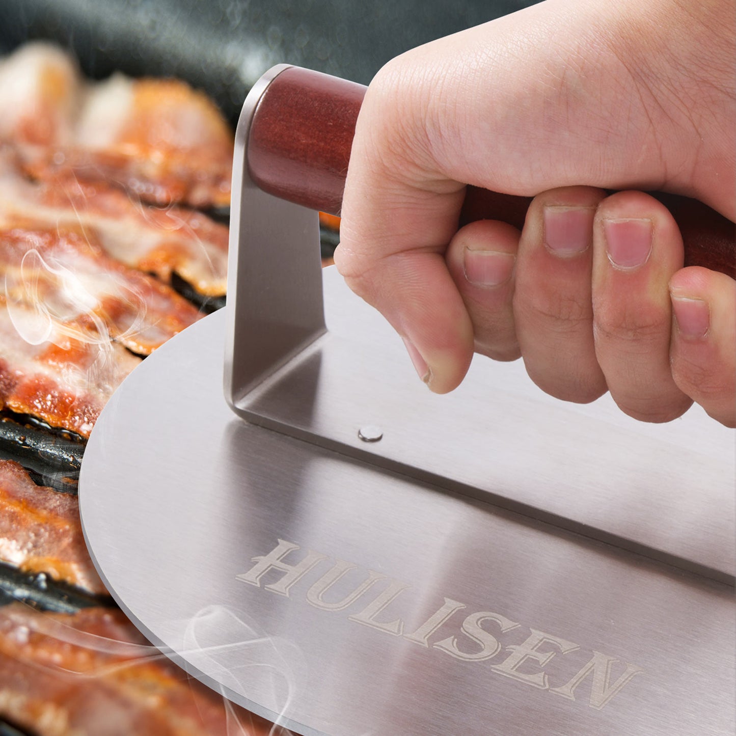HULISEN 8.5-Inch Burger Press - 2.6 lb Heavy Duty Stainless Steel Bacon & Grill Press with Wood Handle