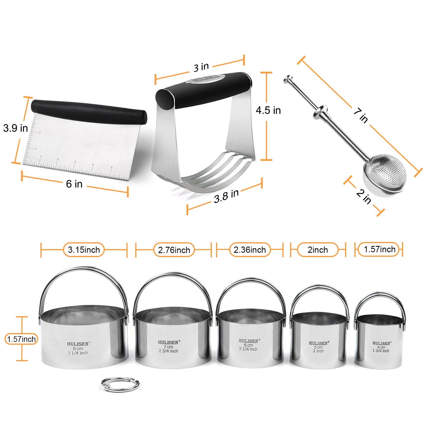 HULISEN Stainless Steel Baking Tool Set - Pastry Scraper & Dough Blender & Flour Duster & 5-Piece Biscuit Cutter