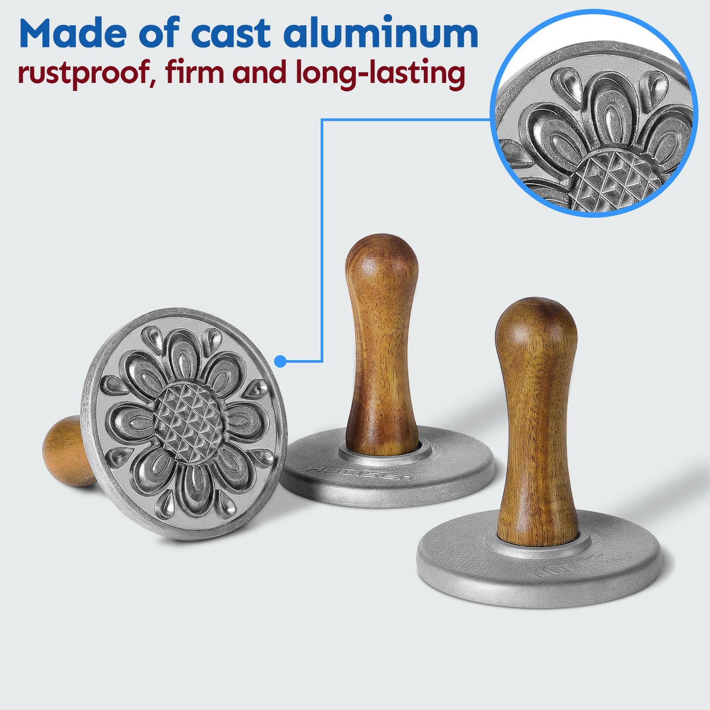 HULISEN Cookie Stamps Set of 4 - Metal Cookie Press Mold with Wooden Handle
