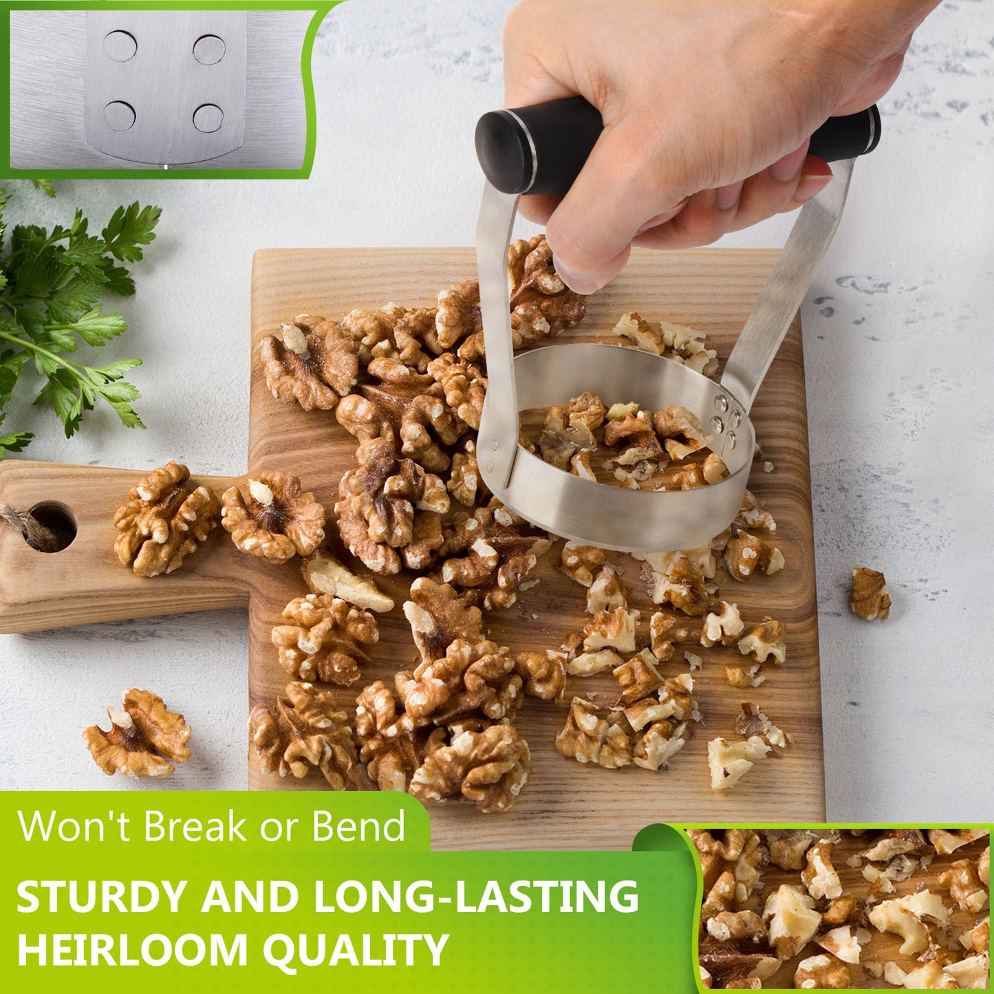 HULISEN Plain Edge Food Chopper - 3" Stainless Steel Hand Chopper with Grip Handle