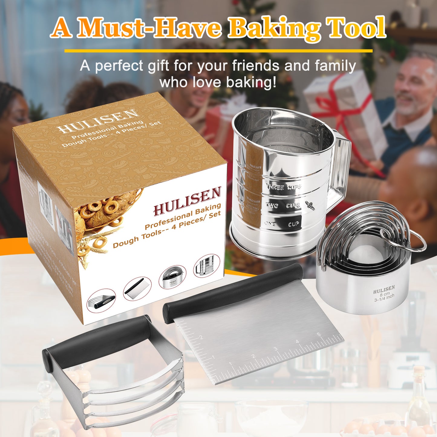 HULISEN Stainless Steel Baking Tool Set - Pastry Scraper & Dough Blender & 3 Cup Flour Sifter & 5-Piece Biscuit Cutter