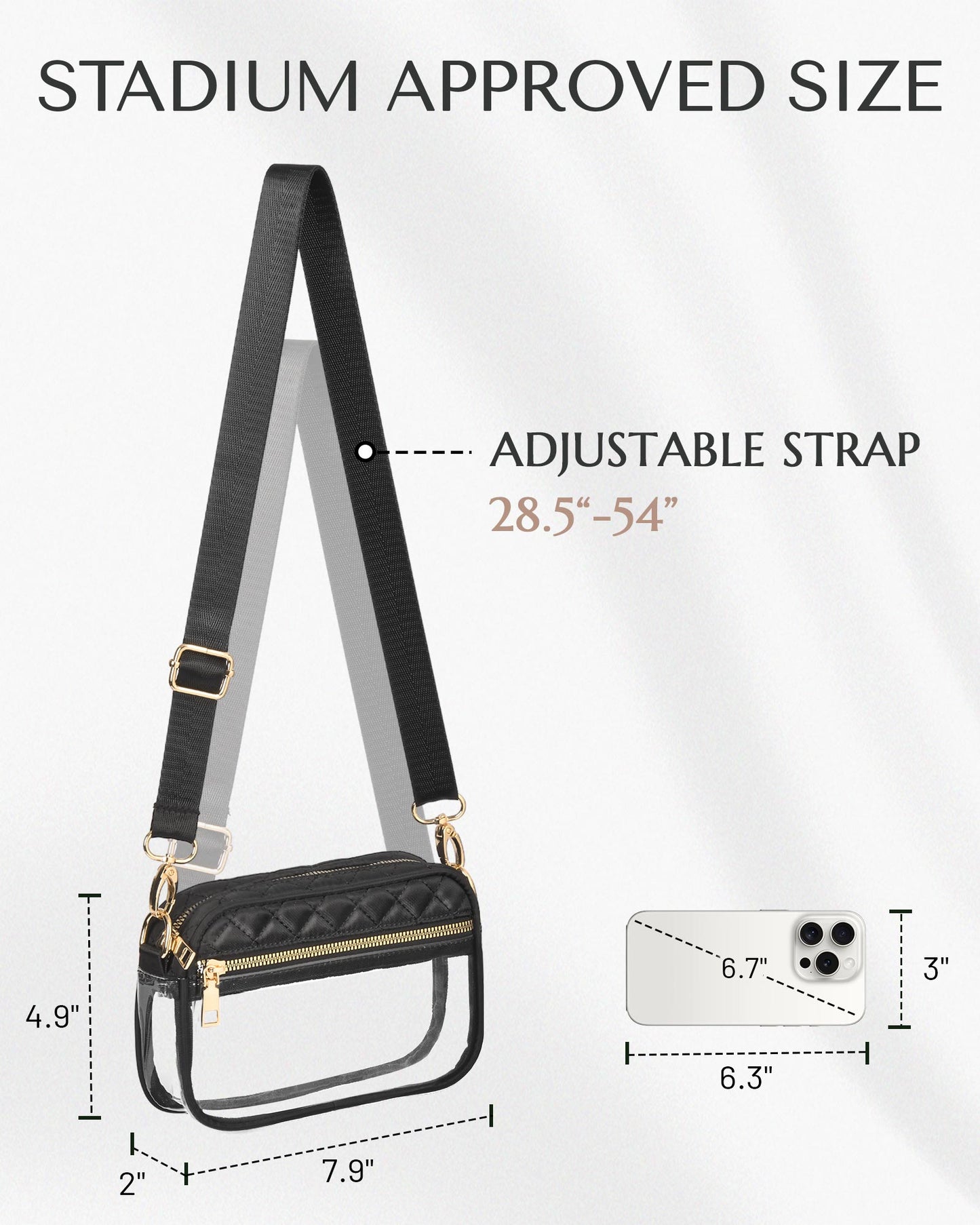 HULISEN Quilted Clear Bag for Stadium Events - with Extra Front Pocket & Adjustable Strap & Gold Zipper