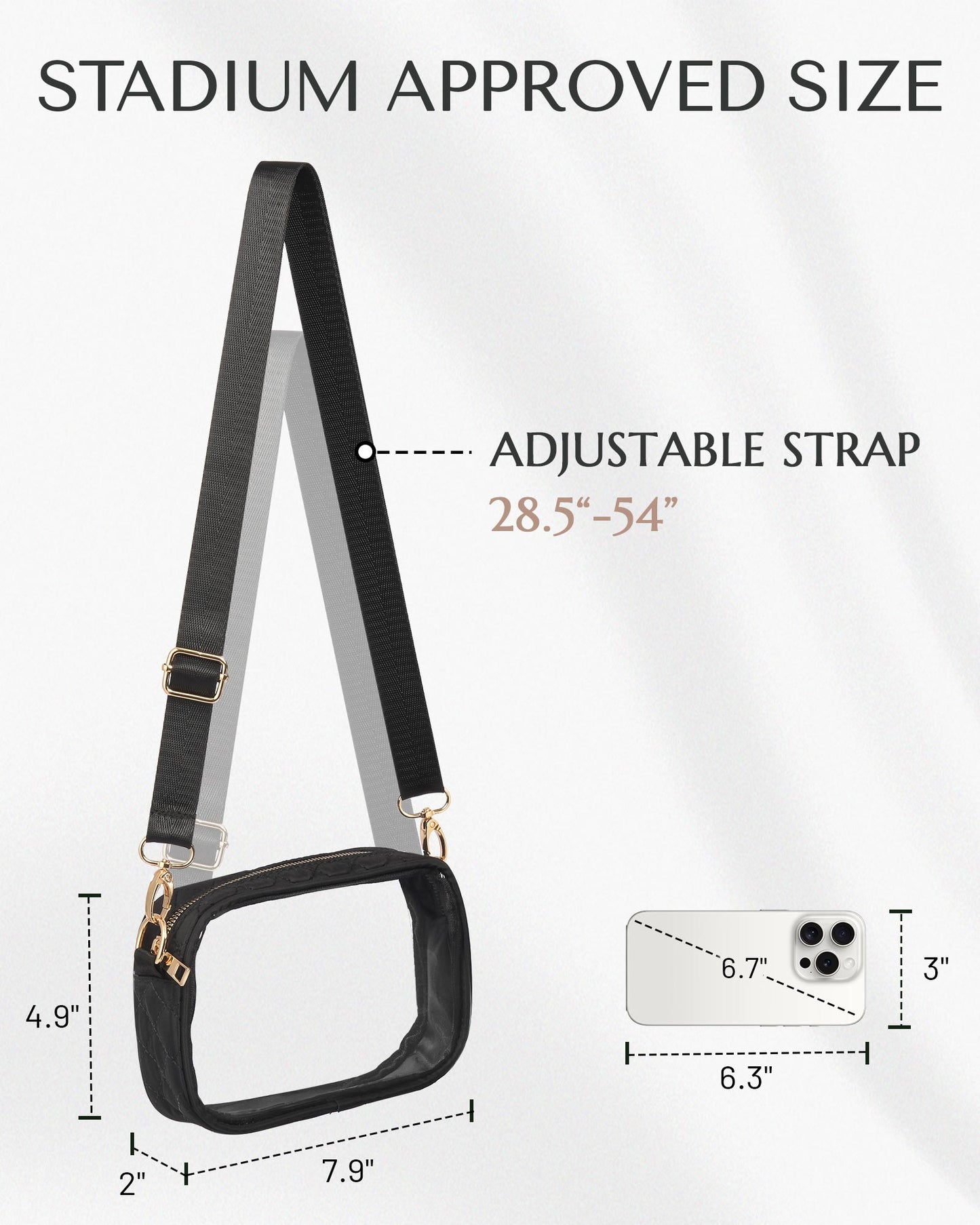 HULISEN Quilted Clear Bag for Stadium Events - with Adjustable Strap & Gold Zipper