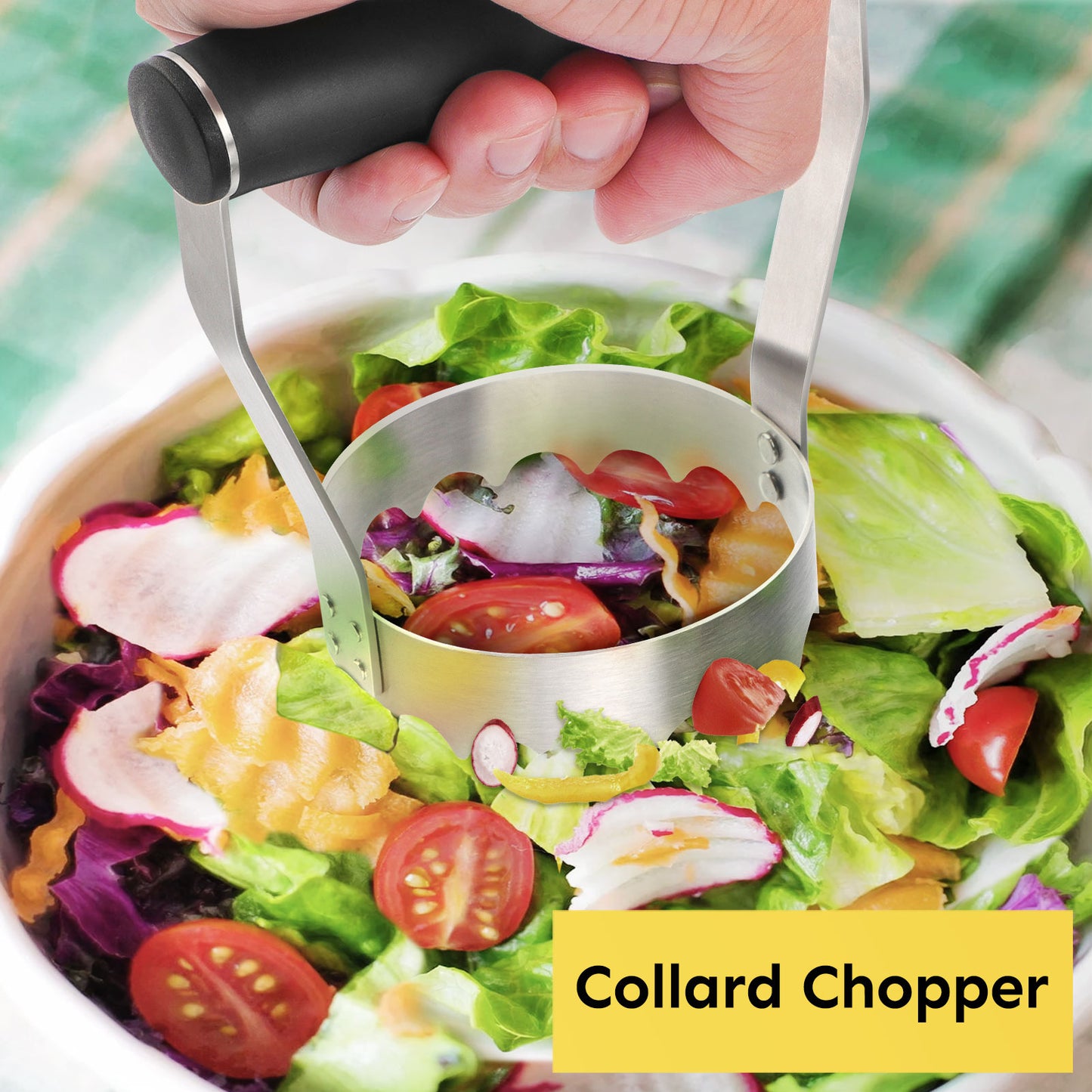 HULISEN Serrated Food Chopper - 3" Stainless Steel Hand Chopper with Grip Handle