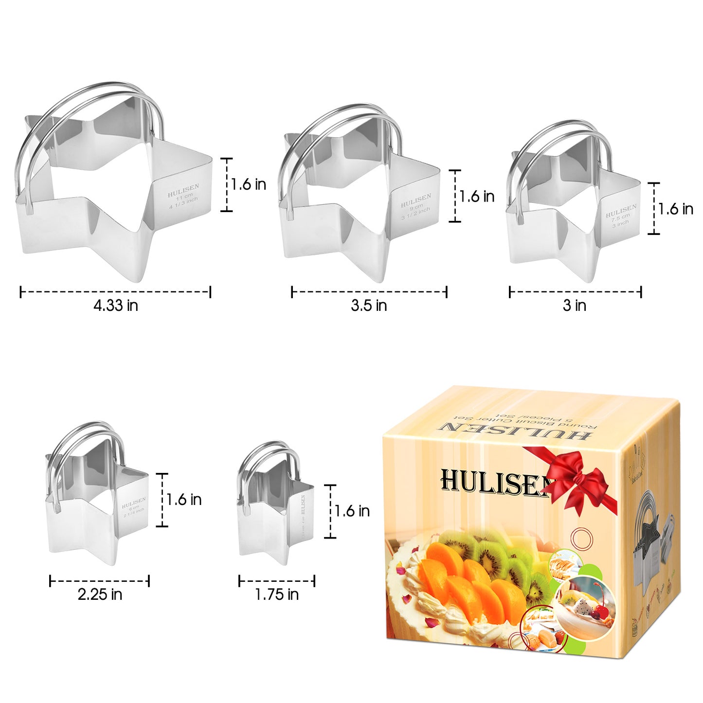 HULISEN Star Cookie Cutter Set - 5 Pieces, Stainless Steel Biscuit Cutters with Handle