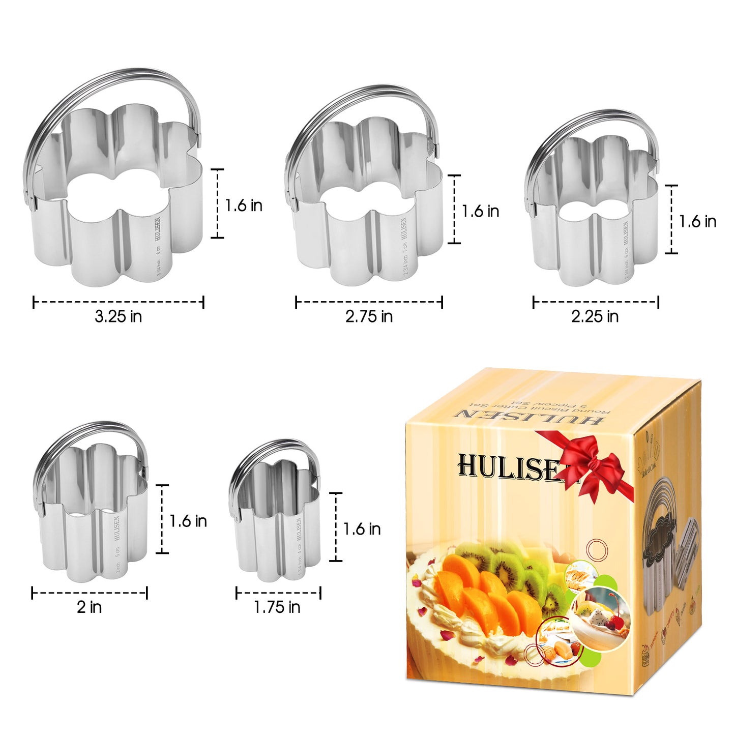 HULISEN Flower Cookie Cutter Set - 5 Pieces, Stainless Steel Biscuit Cutters with Handle