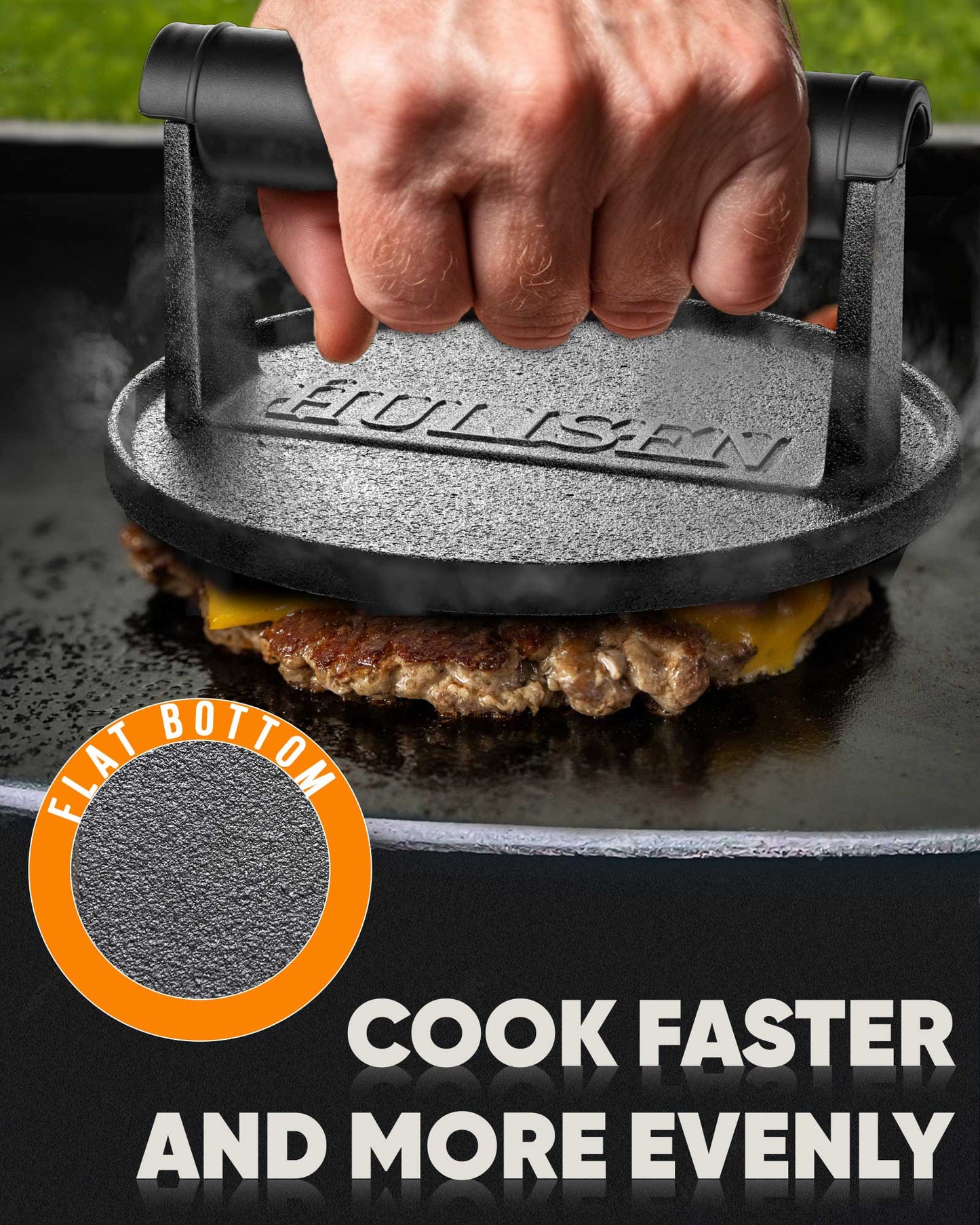 HULISEN 6-Inch / 8.8-Inch Pre-Seasoned Cast Iron Burger Press - Heavy Duty Grill Press with Heat Resistant Handle