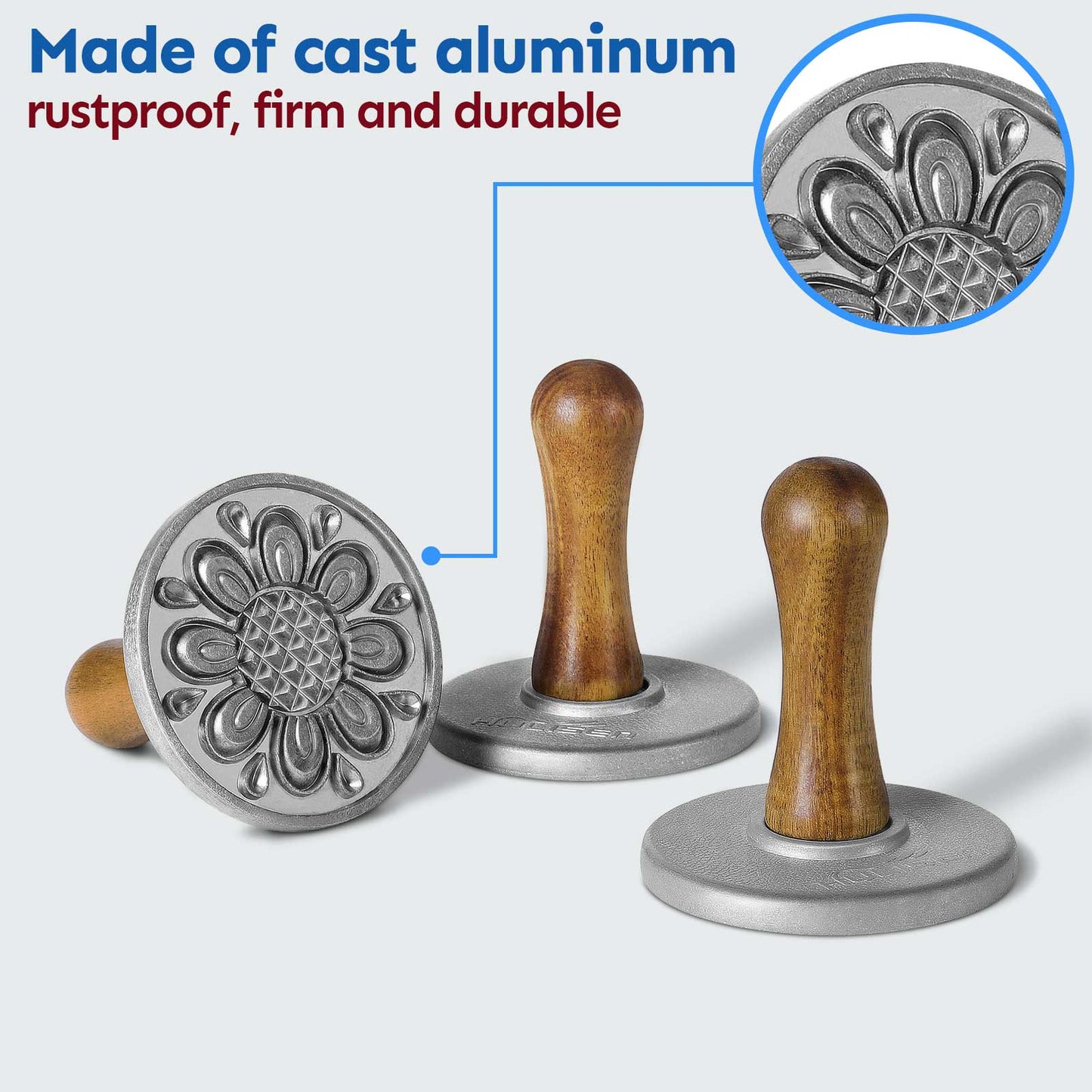 HULISEN Cookie Stamps Set of 4 - Metal Cookie Press Mold with Wooden Handle