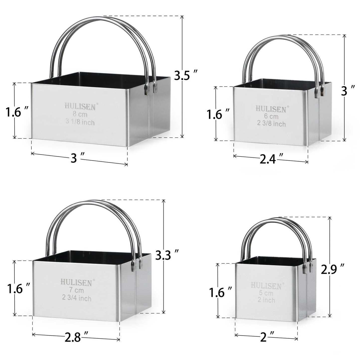 HULISEN Square Cookie Cutter Set - 4 Pieces, Stainless Steel Biscuit Cutters with Handle