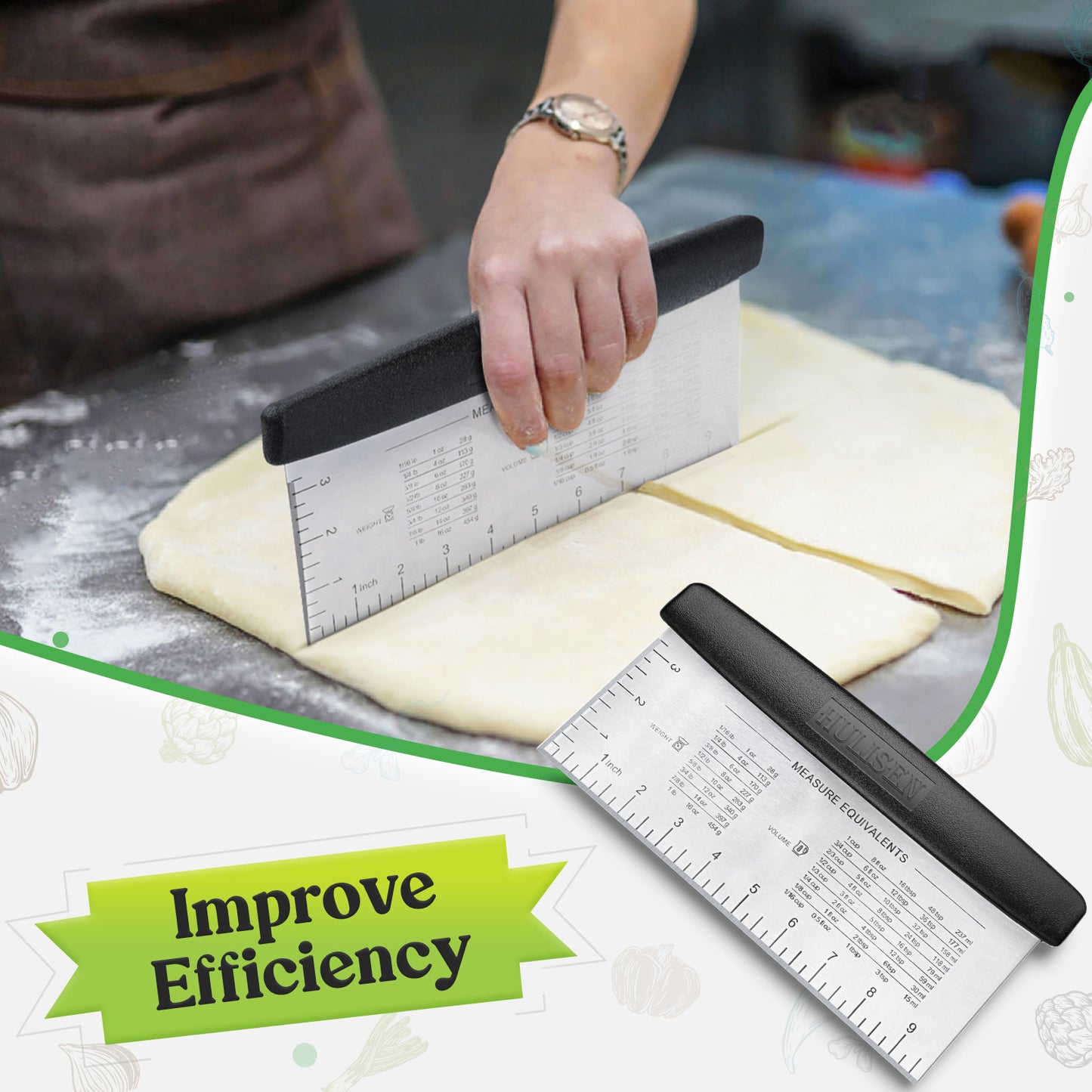 HULISEN 10-Inch Bench Scraper for Baking - Large Stainless Steel Dough and Pastry Scraper