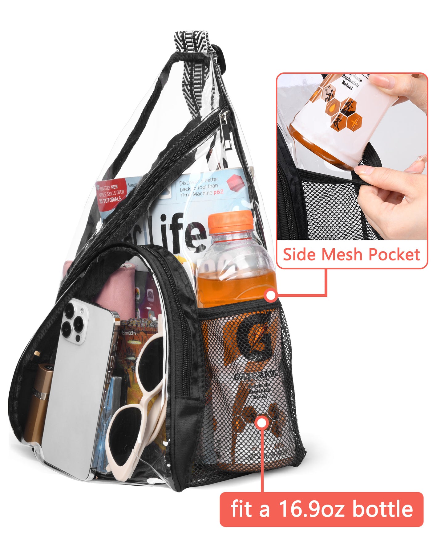 HULISEN Clear Sling Bag - with Extra Front Pocket & Water Bottle Holder