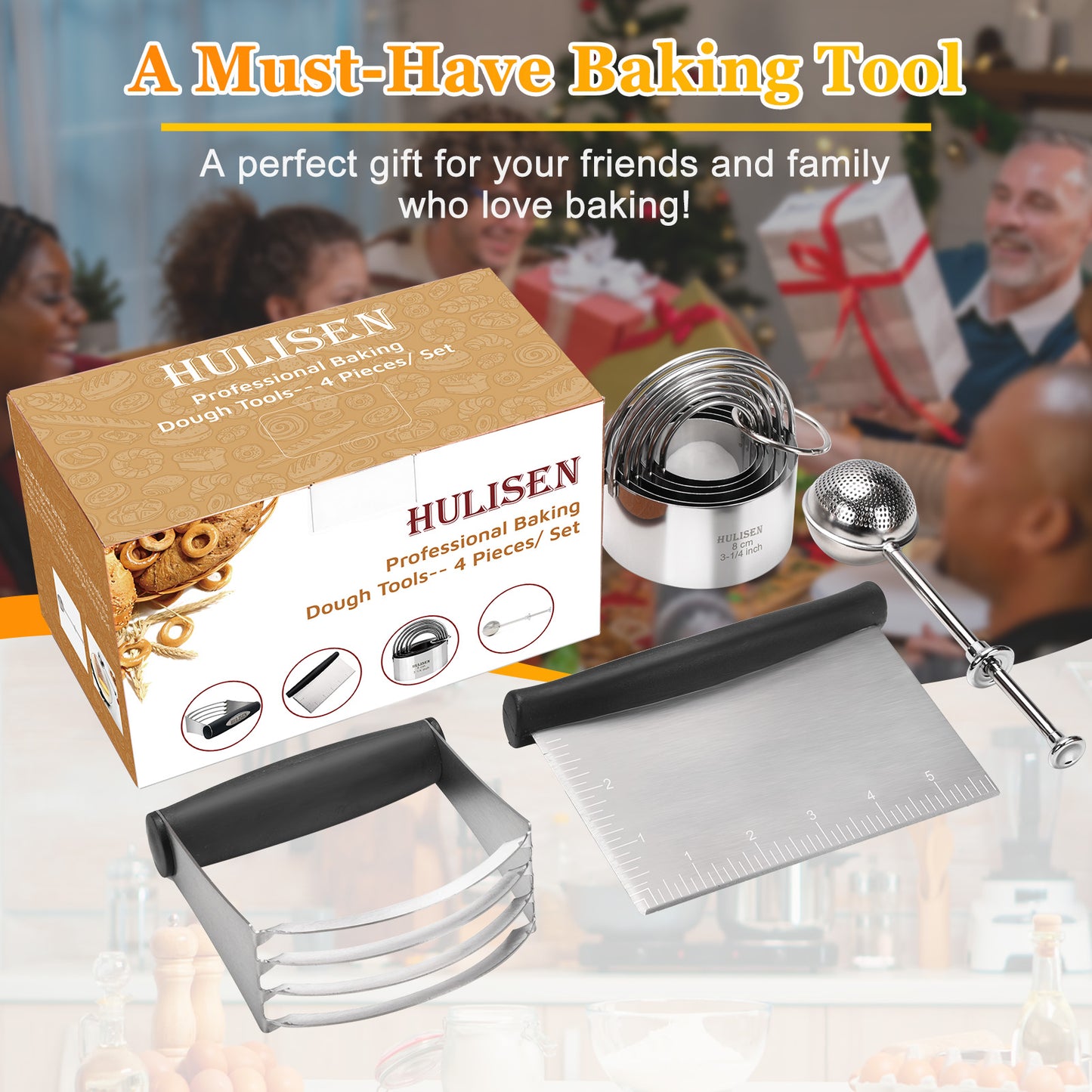 HULISEN Stainless Steel Baking Tool Set - Pastry Scraper & Dough Blender & Flour Duster & 5-Piece Biscuit Cutter