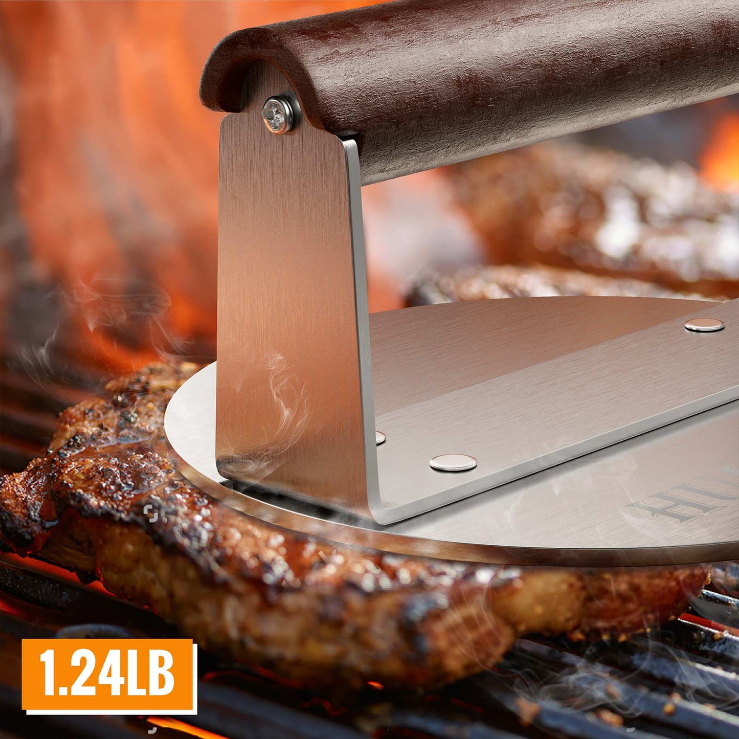 HULISEN 6-Inch Burger Smasher - 1.24 lb Heavy Duty Stainless Steel Hamburger Press with Wood Handle