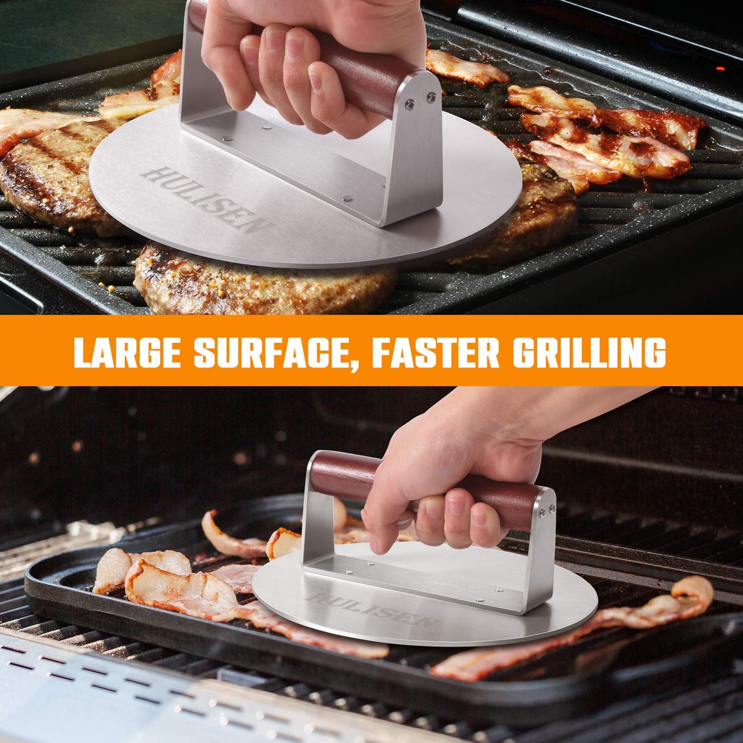 HULISEN 8.5-Inch Burger Press - 2.6 lb Heavy Duty Stainless Steel Bacon & Grill Press with Wood Handle