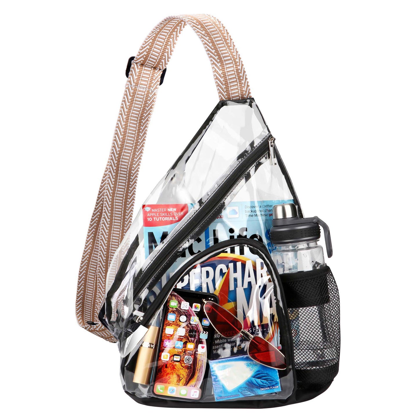 HULISEN Clear Sling Bag - with Extra Front Pocket & Water Bottle Holder
