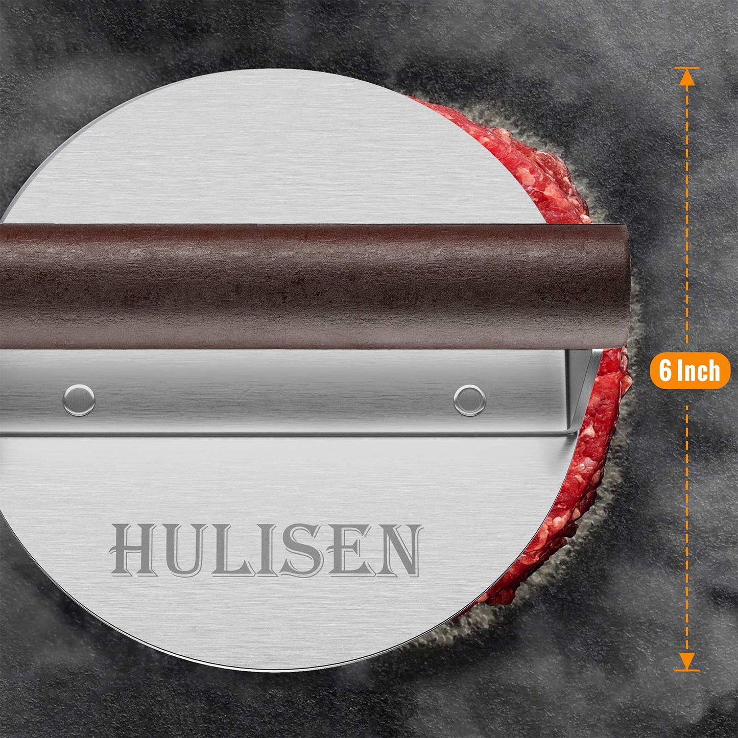 HULISEN 6-Inch Burger Smasher - 1.24 lb Heavy Duty Stainless Steel Hamburger Press with Wood Handle