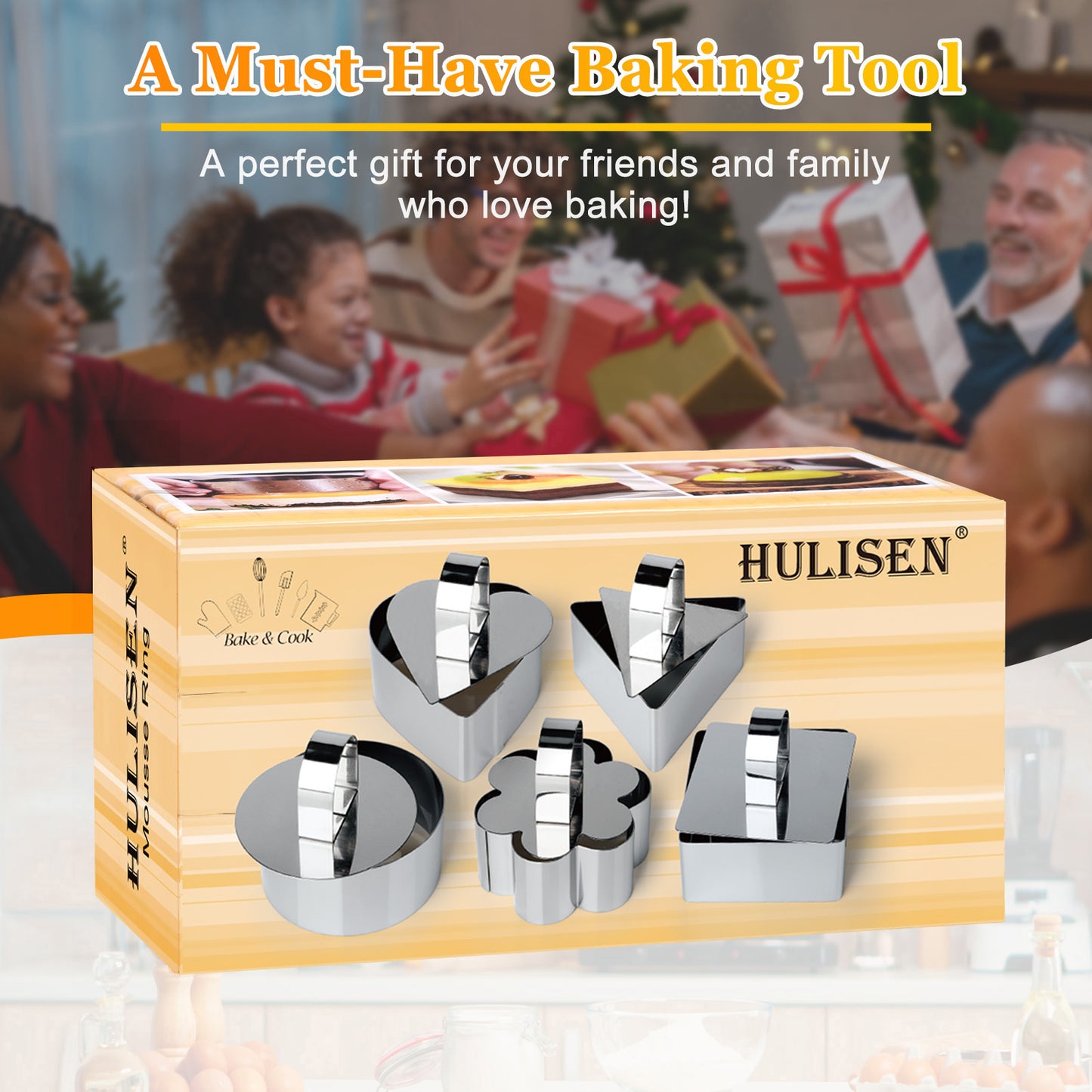HULISEN Set of 5 Cake Ring Molds - 3-Inch, Multi-Shape with 5 Pushers
