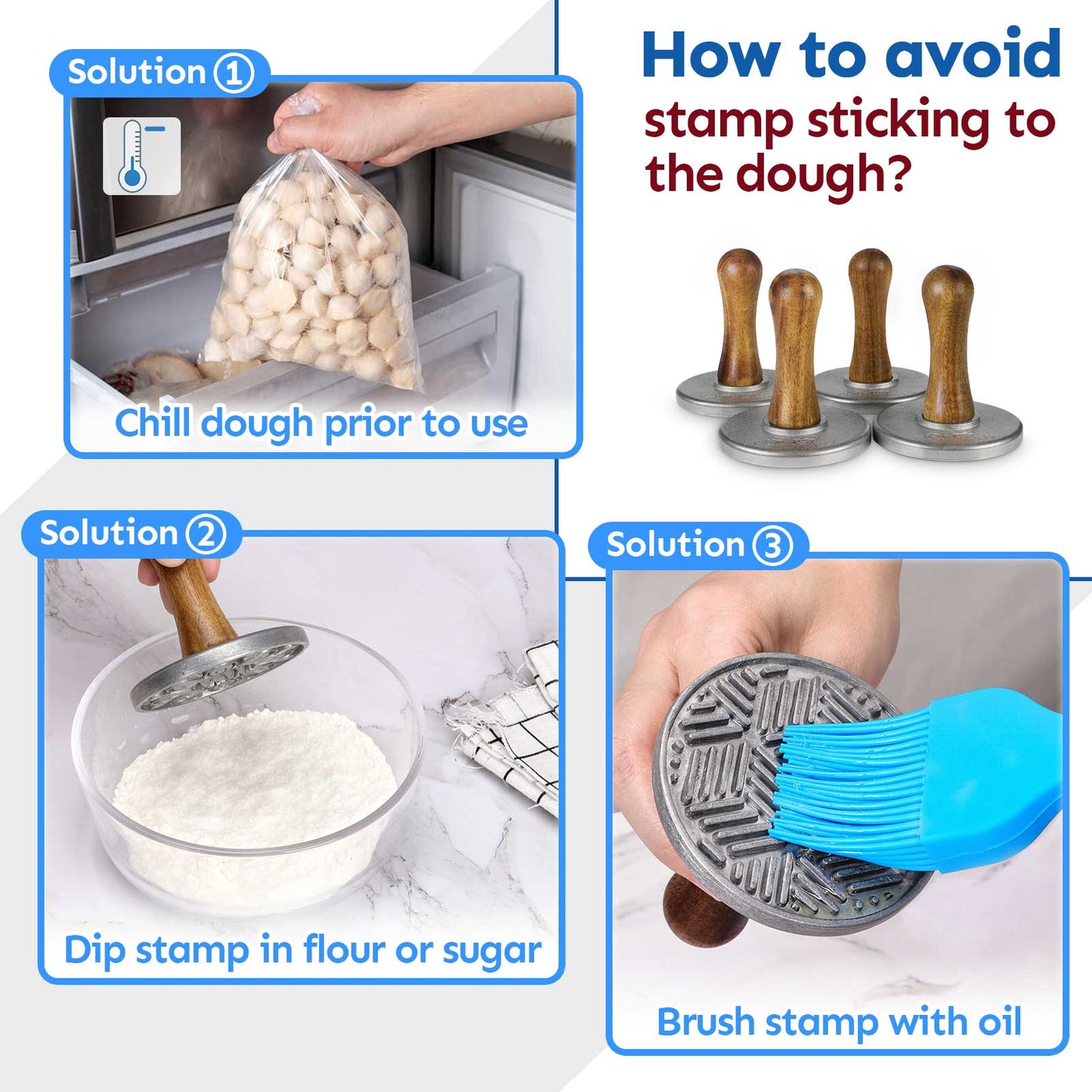 HULISEN Cookie Stamps Set of 4 - Metal Cookie Press Mold with Wooden Handle